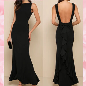 LULU'S SZ S Exquisite Refinement Black Backless Bow Ruffled Maxi Dress NEW B167